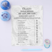 エレガントなデザインの「彼が言った、彼女が言った」結婚前のお茶会ゲーム チラシ (シングル)