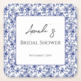 エレガントなトイレブルーの花柄 ブライダルシャワー スクエアペーパーコースター