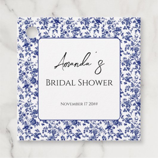 エレガントなトイレブルーの花柄 ブライダルシャワー フェイバータグ (正面)