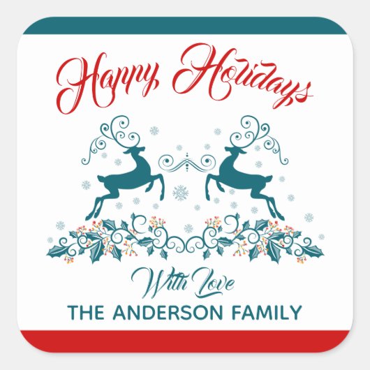 エレガントなトナカイとホリーデーのラベル スクエアシール (正面)
