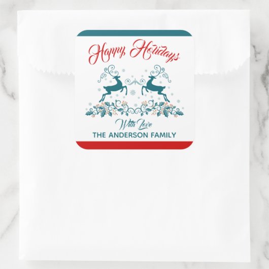 エレガントなトナカイとホリーデーのラベル スクエアシール (バッグ)