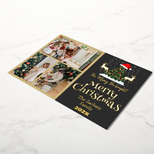 エレガントなトナカイのクリスマス家族写真コラージュ 箔シーズンカード (回転した状態)