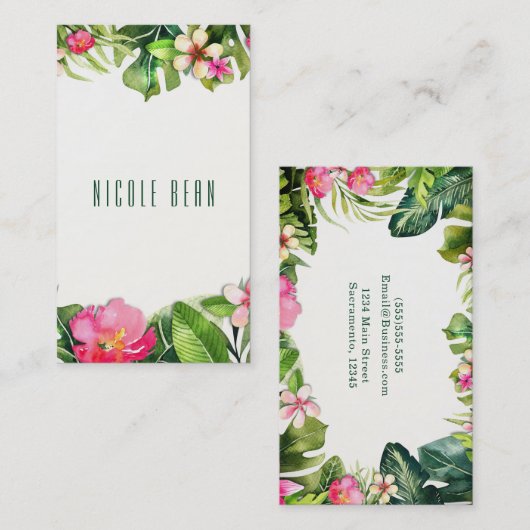 エレガントなトロピカルグリーンの葉の花の水彩 名刺 (正面/裏面)