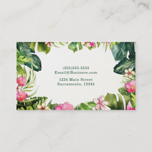 エレガントなトロピカルグリーンの葉の花の水彩 名刺 (裏面)