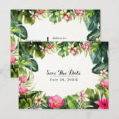 エレガントなトロピカルグリーンの葉の花のSave the Date 案内ポストカード (正面/裏面)