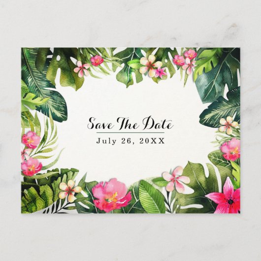 エレガントなトロピカルグリーンの葉の花のSave the Date 案内ポストカード (正面)