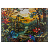 エレガントなトロピカルジャングルのステンドグラスサンセットガラス カッティングボード (正面)