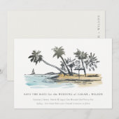 エレガントなトロピカルビーチパームツリー スケッチ 水彩 セーブザデート (正面/裏面)