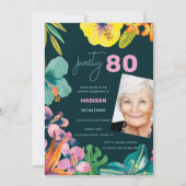 エレガントなトロピカルフラワーの80歳誕生日パーティーの写真 招待状 (正面)