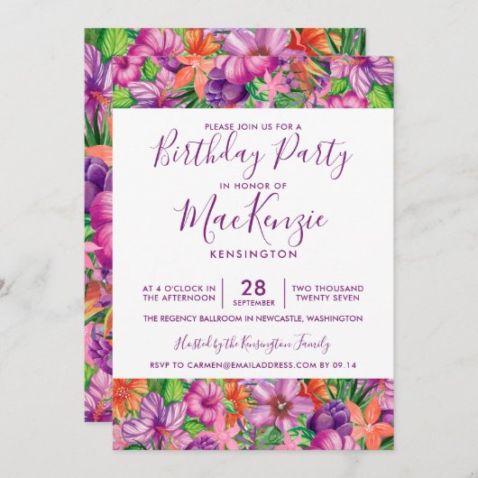 エレガントなトロピカルフラワー 誕生日 招待状 (正面/裏面)