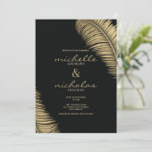 エレガントなトロピカルブラックとゴールドの葉のウェディング 招待状 (スタンド正面)