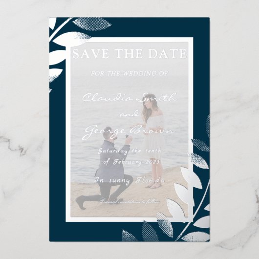 エレガントなトロピカルリーフの写真でSave The Dateを実現 箔招待状 (正面)