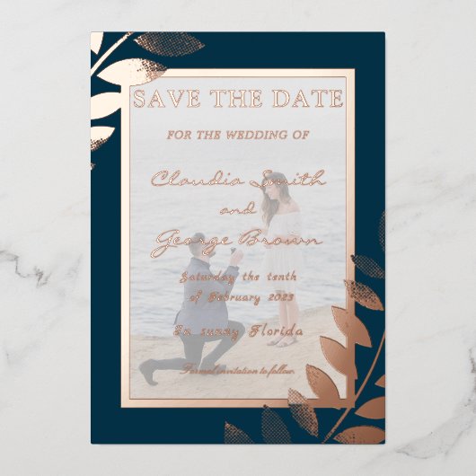 エレガントなトロピカルリーフの写真でSave The Dateを実現 箔招待状 (正面)
