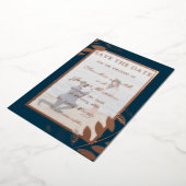 エレガントなトロピカルリーフの写真でSave The Dateを実現 箔招待状 (回転した状態)