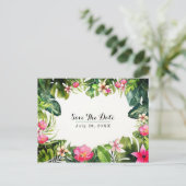 エレガントなトロピカル グリーンの葉の花の「Save the Date」お知らせ 案内ポストカード (スタンド正面)