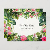 エレガントなトロピカル グリーンの葉の花のSave the Date 案内ポストカード (正面/裏面)