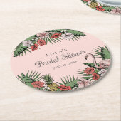 エレガントなトロピカル フラミンゴ & ハイビスカス ブライダル シャワー ラウンドペーパーコースター (アングル)