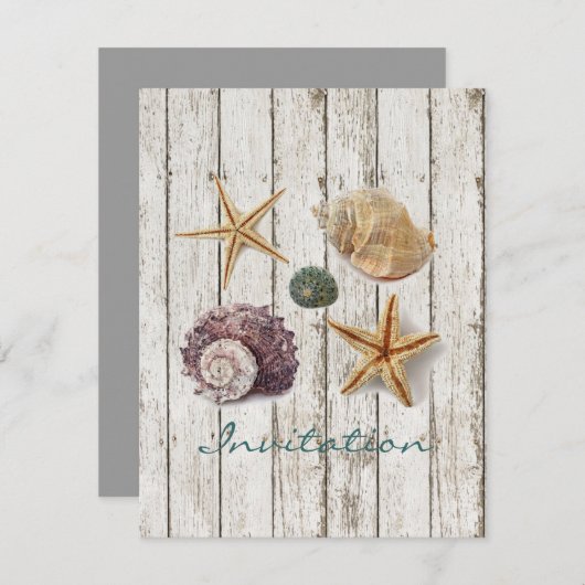 エレガントなドックウッドの貝殻 ビーチ ウェディング 招待状 (正面/裏面)