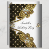 エレガントなドット 白 黒 ゴールド パーティー 招待状 (正面/裏面)