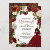 エレガントなドレスとバーガンディの花のキンセアニエラ 招待状 (正面/裏面)