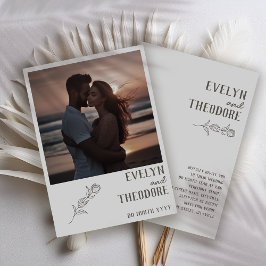 エレガントなニュートラルラインアートフラワーフォト招待 招待状