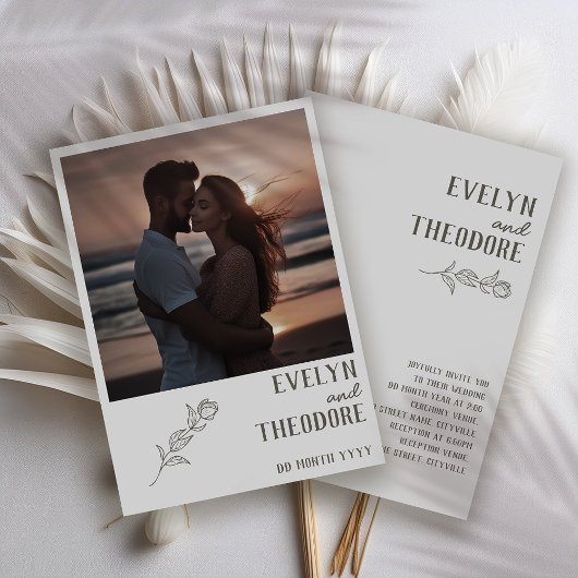エレガントなニュートラルラインアートフラワーフォト招待 招待状
