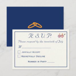 エレガントなネイビーとクリームの二つのハート カトリック結婚式 出欠カード