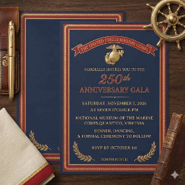 エレガントなネイビーとゴールドの米国海兵隊250周年記念ガラ 招待状