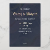 エレガントなネイビーとゴールド箔押しのフラワーモチーフの結婚式 箔招待状 (裏面)