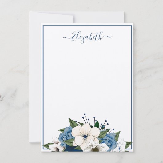 エレガントなネイビーとダスティーブルーの花柄パーソナライズ ノートカード (正面)