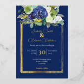 エレガントなネイビーとホワイトの水彩ローズ フラワーバウケット 箔招待状 (正面)