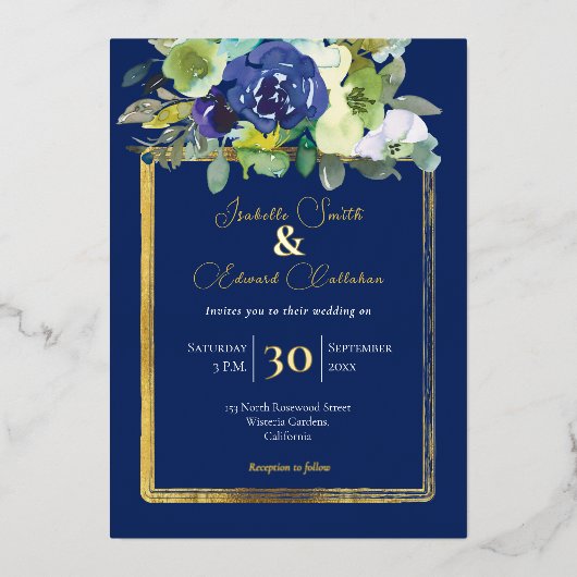エレガントなネイビーとホワイトの水彩ローズ フラワーバウケット 箔招待状 (正面)