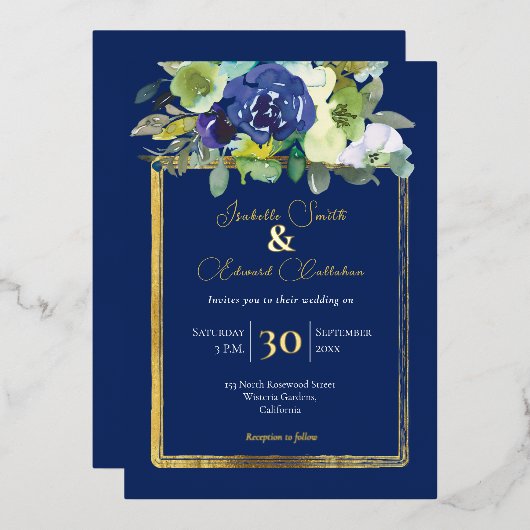 エレガントなネイビーとホワイトの水彩ローズ フラワーバウケ 箔招待状 (正面/裏面)