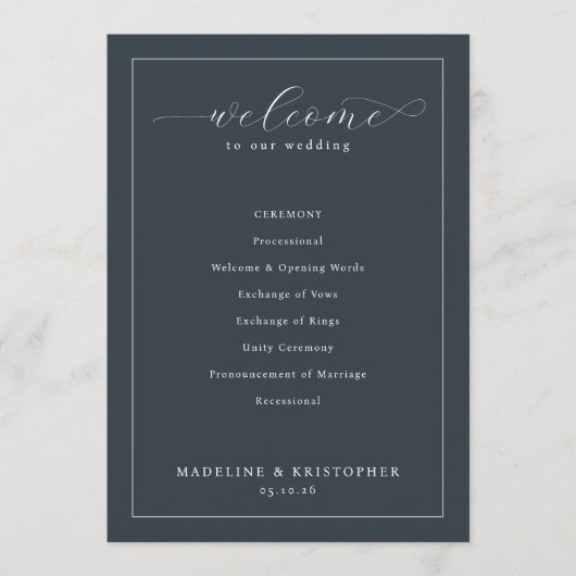 エレガントなネイビーのカリグラフィー結婚式 プログラム (正面)