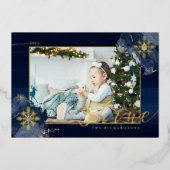 エレガントなネイビーの水彩インクとゴールドのジュエル写真 箔シーズンカード (正面)