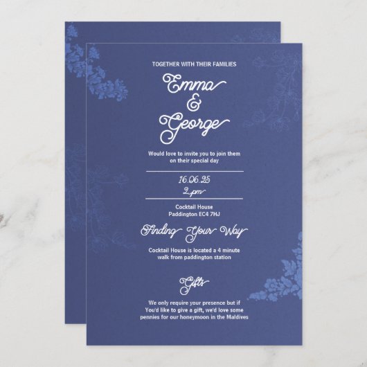 エレガントなネイビーの花柄の結婚式招待状 招待状 (正面/裏面)