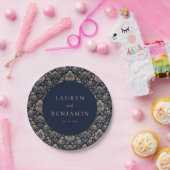 エレガントなネイビーの花柄 ペーパープレート (パーティー)