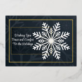 エレガントなネイビーの雪の結晶写真フォイルホリデーカード 箔シーズンカード (正面)