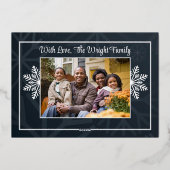 エレガントなネイビーの雪の結晶写真フォイルホリデーカード 箔シーズンカード (裏面)