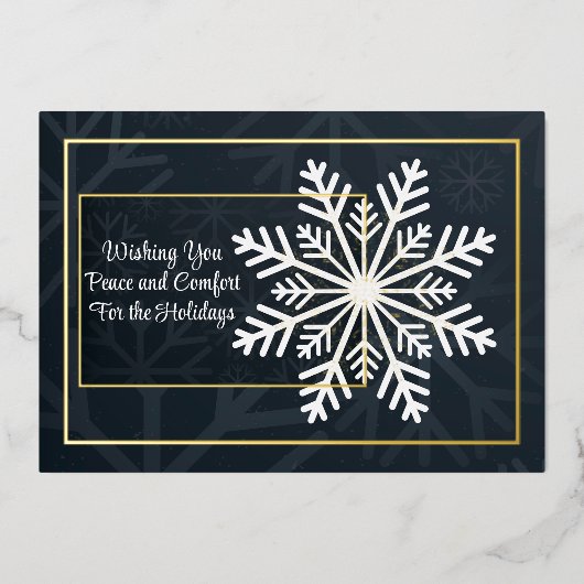 エレガントなネイビーの雪の結晶写真ホログラム ホリデーカード 箔シーズンカード (正面)