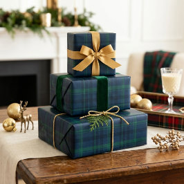 エレガントなネイビーグリーンのタータンチェッククラシッククリスマス ラッピングペーパー
