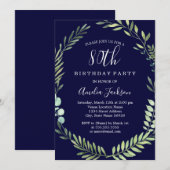 エレガントなネイビーグリーンの水彩画の花輪 80歳の誕生日 招待状 (正面/裏面)
