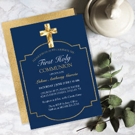 エレガントなネイビーゴールドのファーストホーリーコミュニオン 招待状