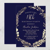 エレガントなネイビーゴールドの水彩画 18歳の誕生日 招待状 (正面/裏面)