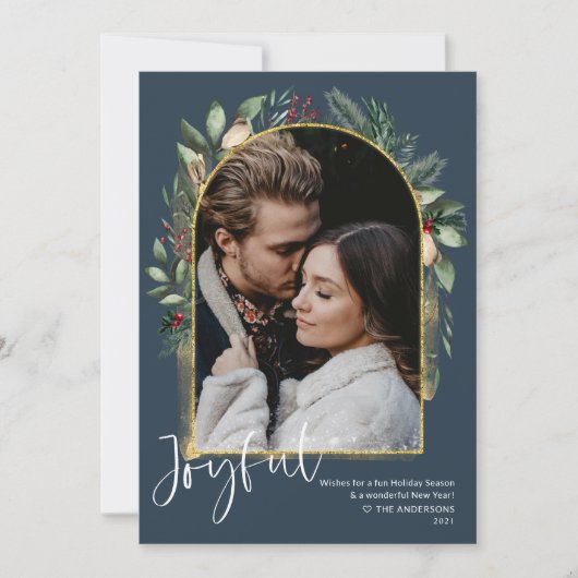 エレガントなネイビーゴールドグリーンのアーチ写真 シーズンカード (正面)
