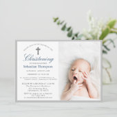 エレガントなネイビーストライプの写真 誕生礼拝 招待状 (スタンド正面)