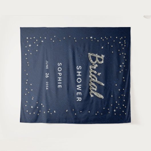 エレガントなネイビースパークルグリッター ブライダルシャワー背景 タペストリー (正面(横))