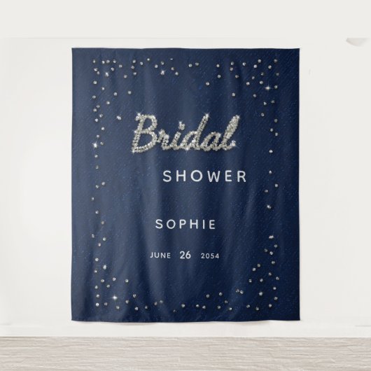 エレガントなネイビースパークルグリッター ブライダルシャワー背景 タペストリー (正面)
