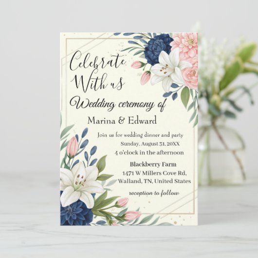 エレガントなネイビーブルッシュフラルウェディング招待状 招待状 (スタンド正面)