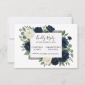 エレガントなネイビーブルーとアイボリーの花柄の結婚式 出欠カード (正面)